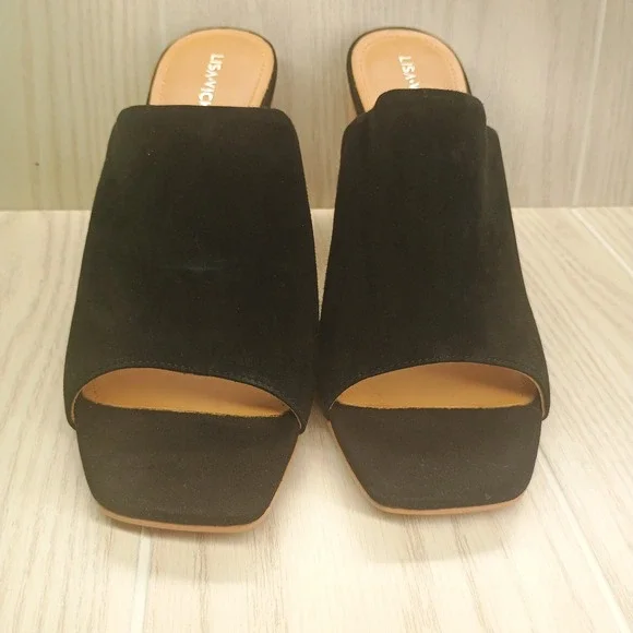 Lisa Vicky Womens Black Suede Nappa Block Heels Slide On Size‎ 10 M Peep Toe - Picture 2 of 8